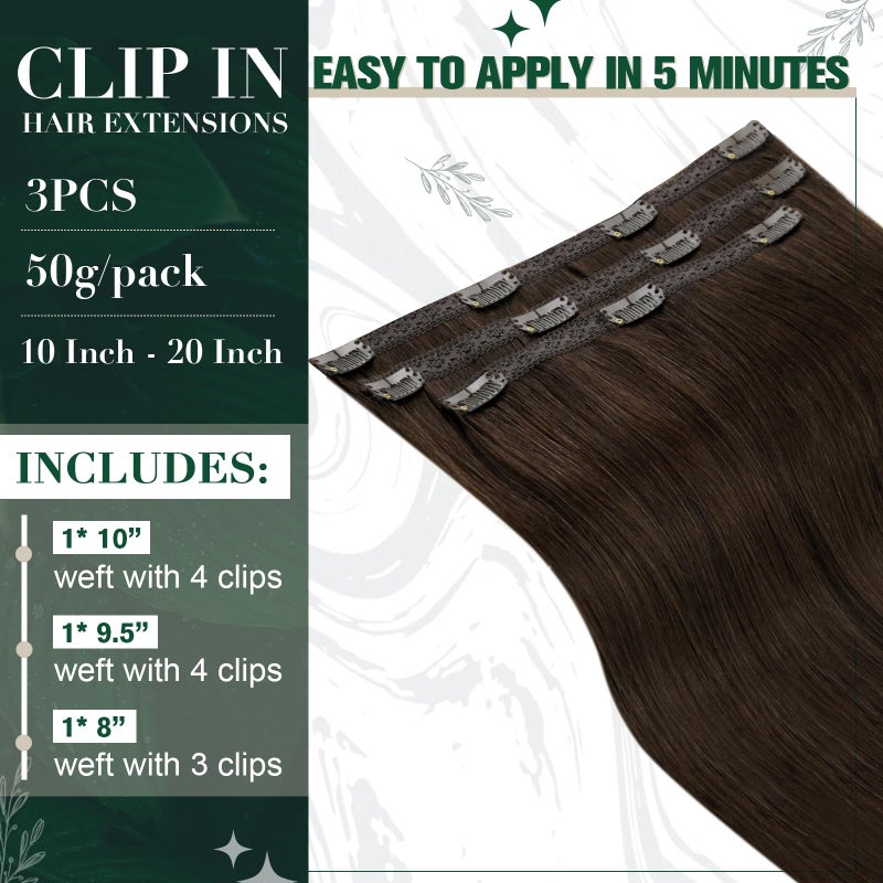 RUNATURE Brown Clip in Hair Extensions, Real Human Hair Clip in Extensions, Short Hair Extensions Clip Ins 10 Inch, Double Weft Remy Natural Hair, Tangle Free, 50g 3pcs #2 Dark Brown - Image 3